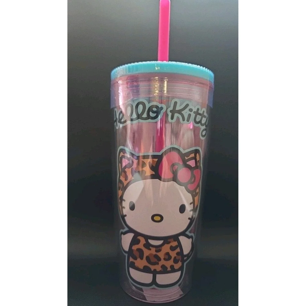 Hello Kitty Leopard Outfit Plastic Tumbler Cup Lid‎ Straw Sanrio Pink